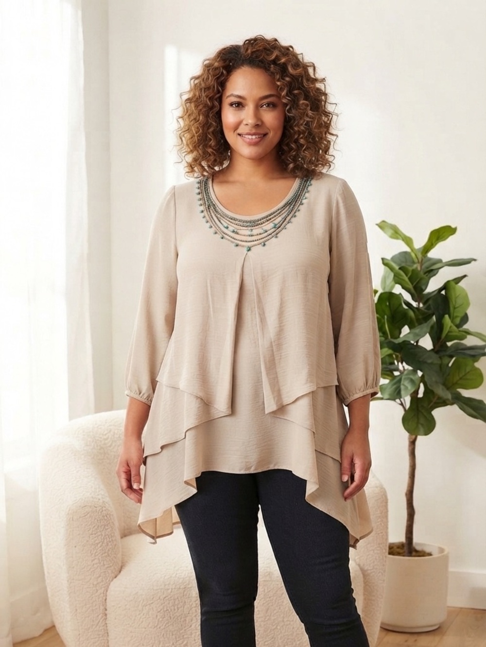 krazy kat Beige Layered Embroidered Scoop Neck Tunic